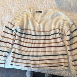 SHEIN Cream Striped V-Neck Sweater